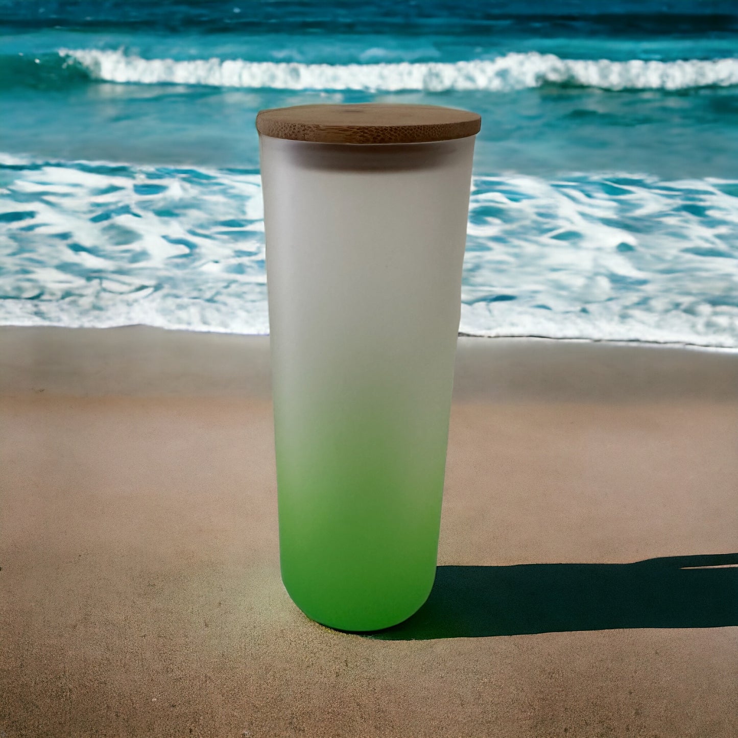 25 0z frosted glass tumbler with Bamboo lid and straw