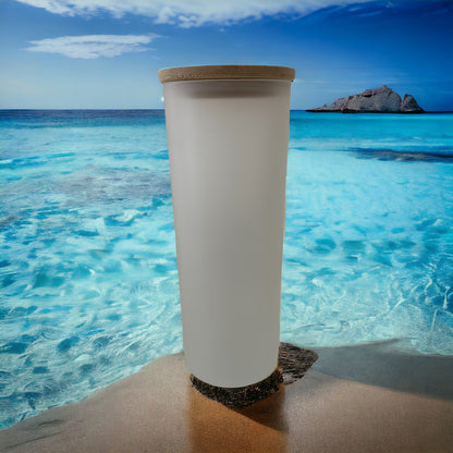 25 0z frosted glass tumbler with Bamboo lid and straw
