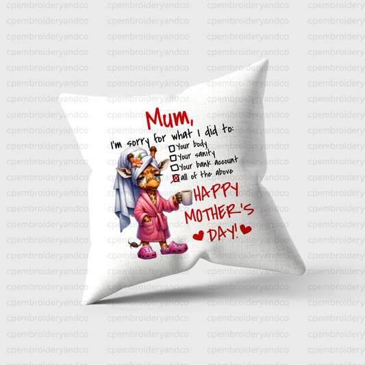 Funny Mother’s Day Cushion – Comedy Mum Gift | 40x40 Velvet Feel Cushion With or Without Inert