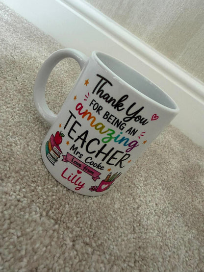 Personalised teacher mug — 11oz ceramic, customised with a name or message.