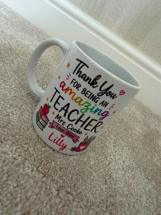 Personalised teacher mug — 11oz ceramic, customised with a name or message.