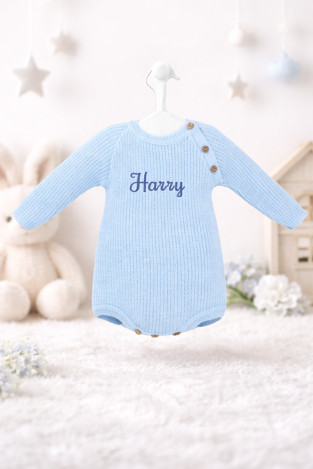 Personalised Ribbed Knitted Baby Romper Pink/Blue