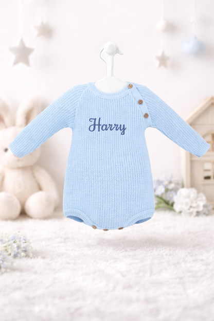 Personalised Ribbed Knitted Baby Romper Pink/Blue