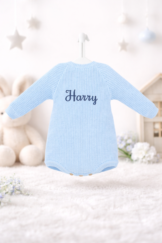 Personalised Ribbed Knitted Baby Romper Pink/Blue