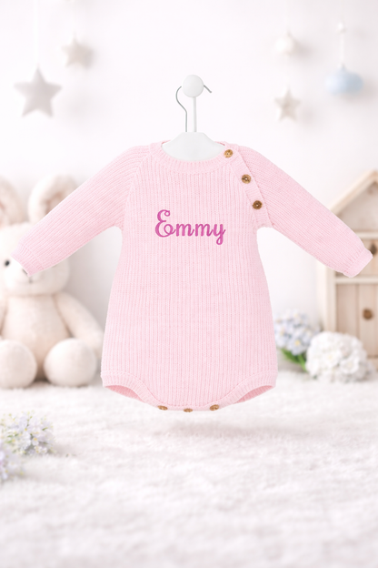 Personalised Ribbed Knitted Baby Romper Pink/Blue