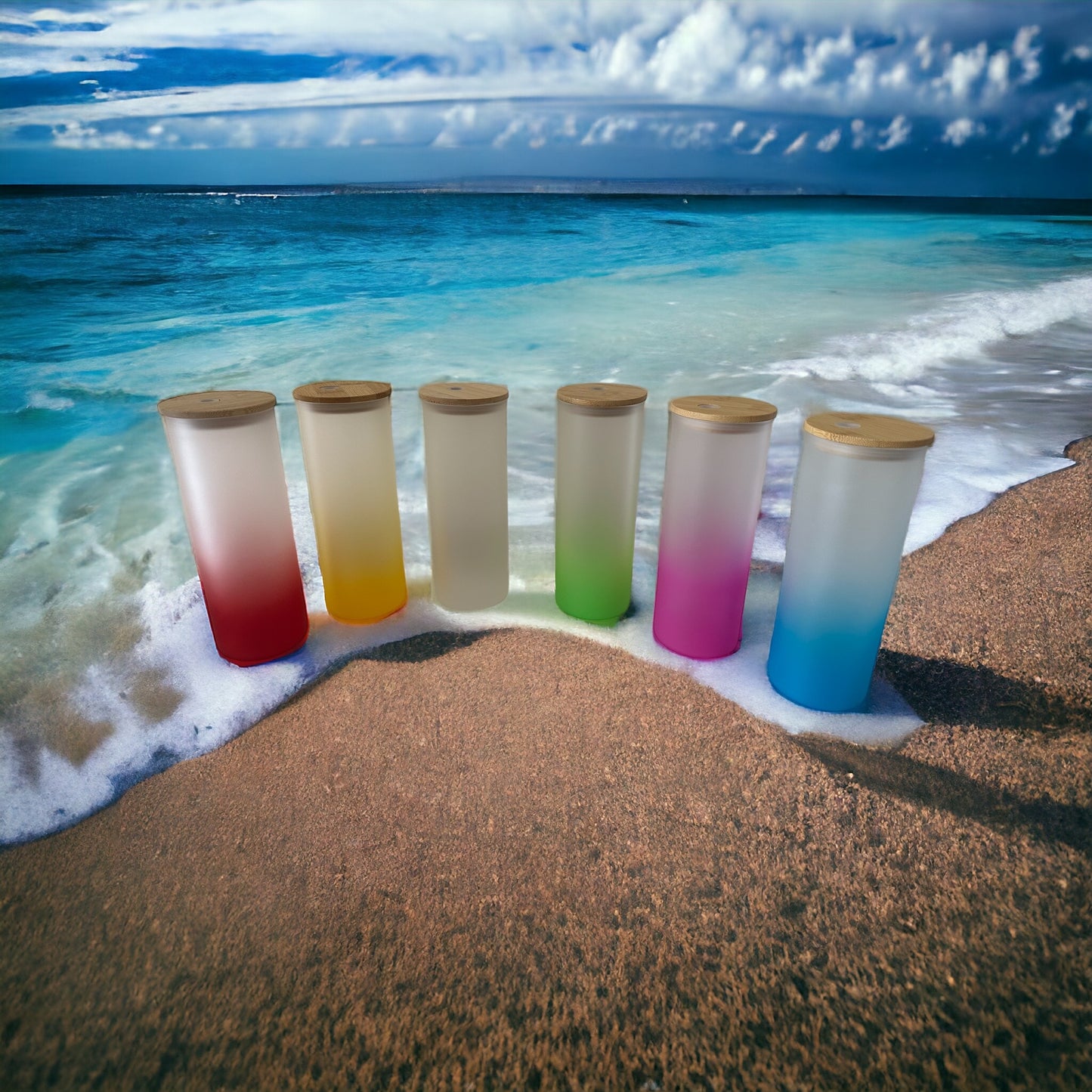 25 0z frosted glass tumbler with Bamboo lid and straw