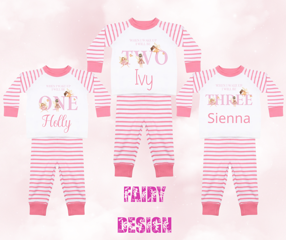 Pink striped when I wake up Birthday Fairy Pyjamas