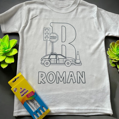 Colour your own Police Alphabet print T-shirt and Colour pens