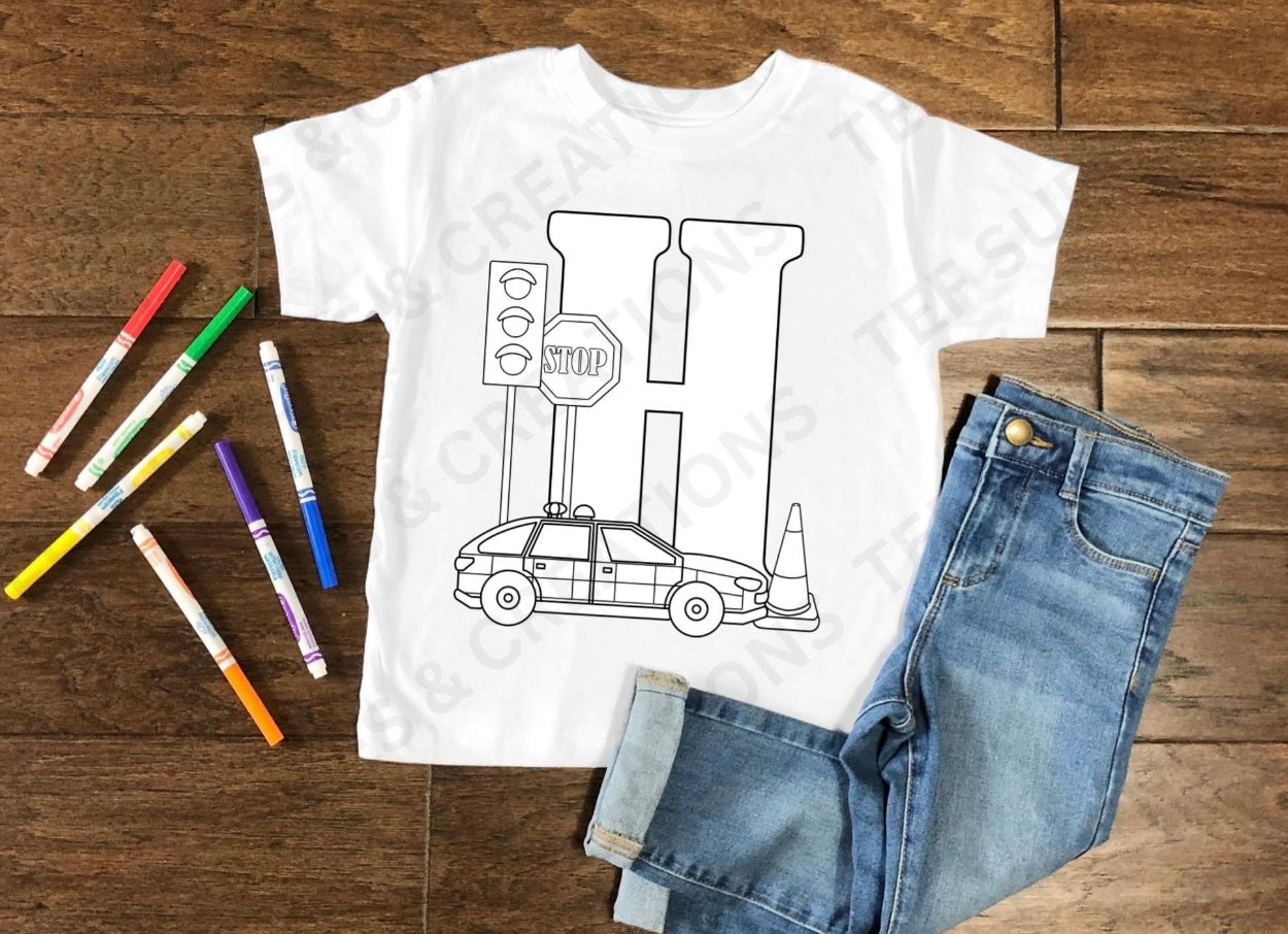 Colour your own Police Alphabet print T-shirt and Colour pens