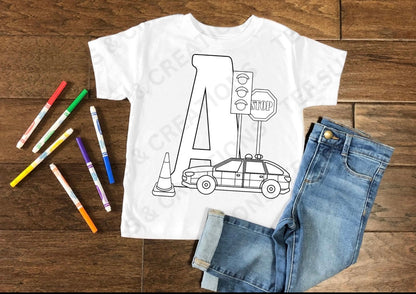 Colour your own Police Alphabet print T-shirt and Colour pens