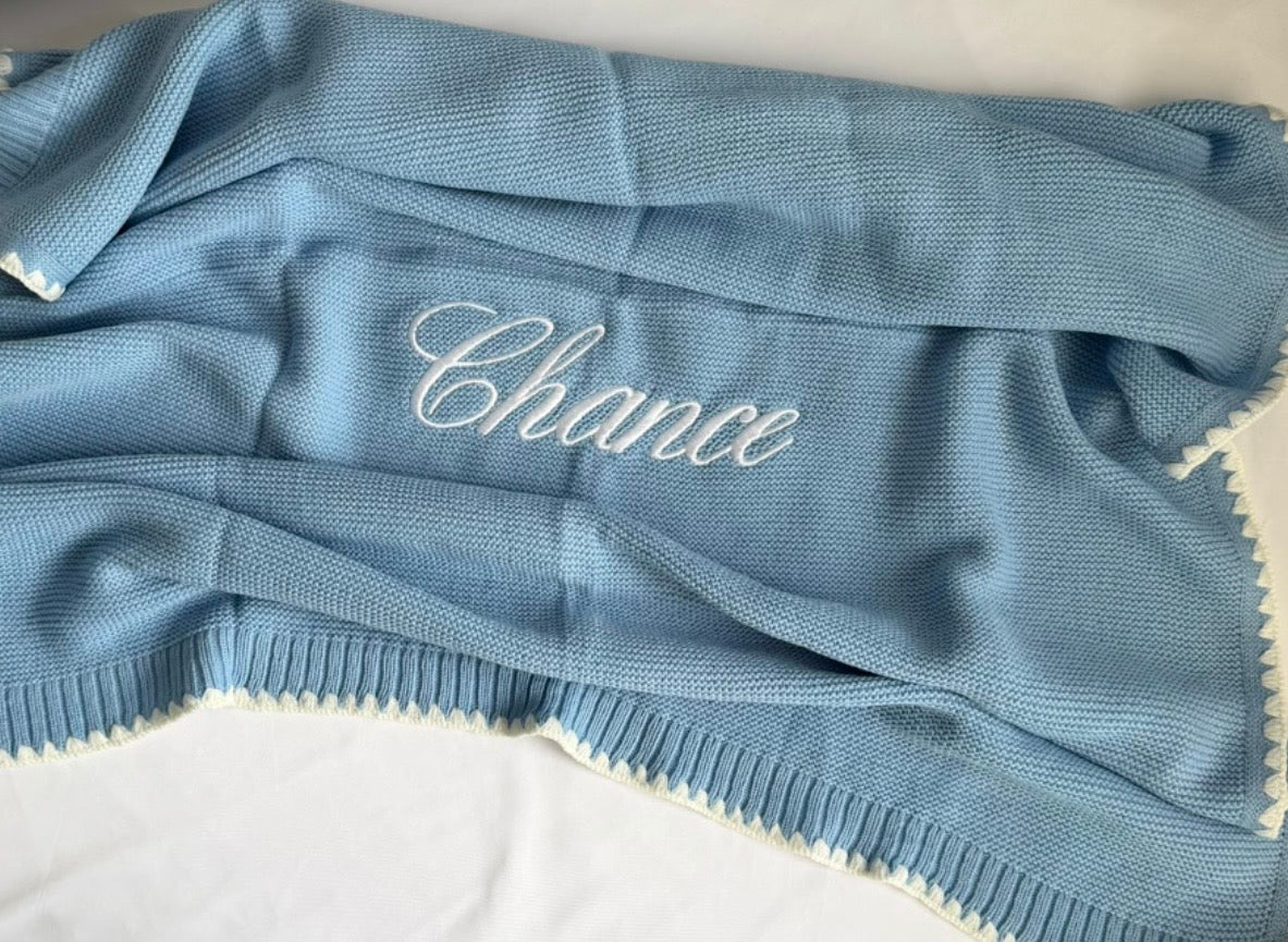 Personalised Knitted Baby Blanket with Embroidered Name