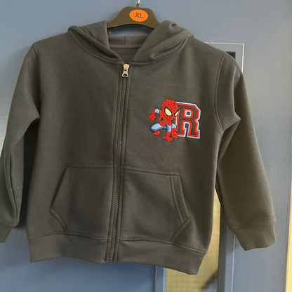 Personalised Superhero Hoodie | Kids Zip Up Fleece Jacket with Initial | Custom Embroidered Children’s Hoodie