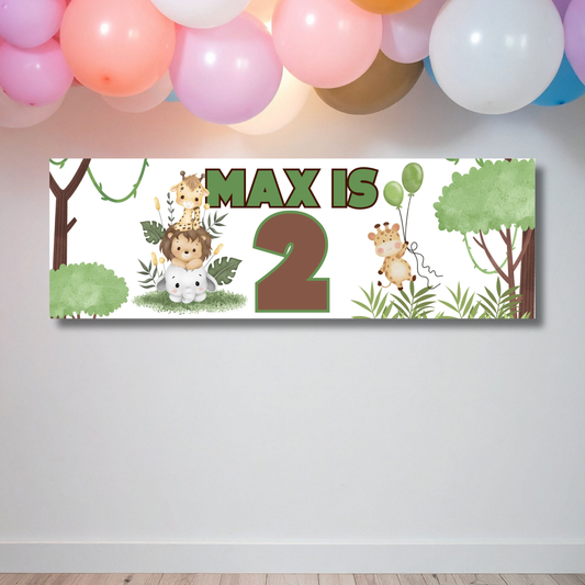 2 x Personalised Safari Birthday Banner | Jungle Party Decoration | Custom Name Age Banner | Kids Birthday Backdrop