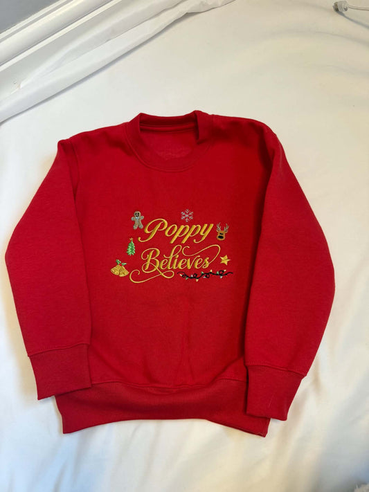 Personalised Red Christmas Sweatshirt – Embroidered Name & Believes Design
