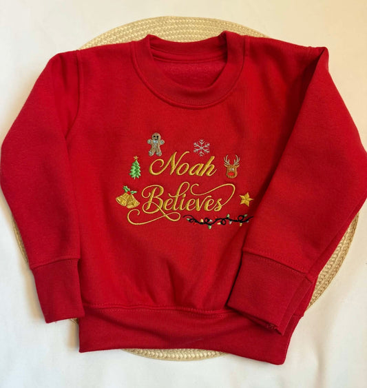 Personalised Red Christmas Sweatshirt – Embroidered Name & Believes Design