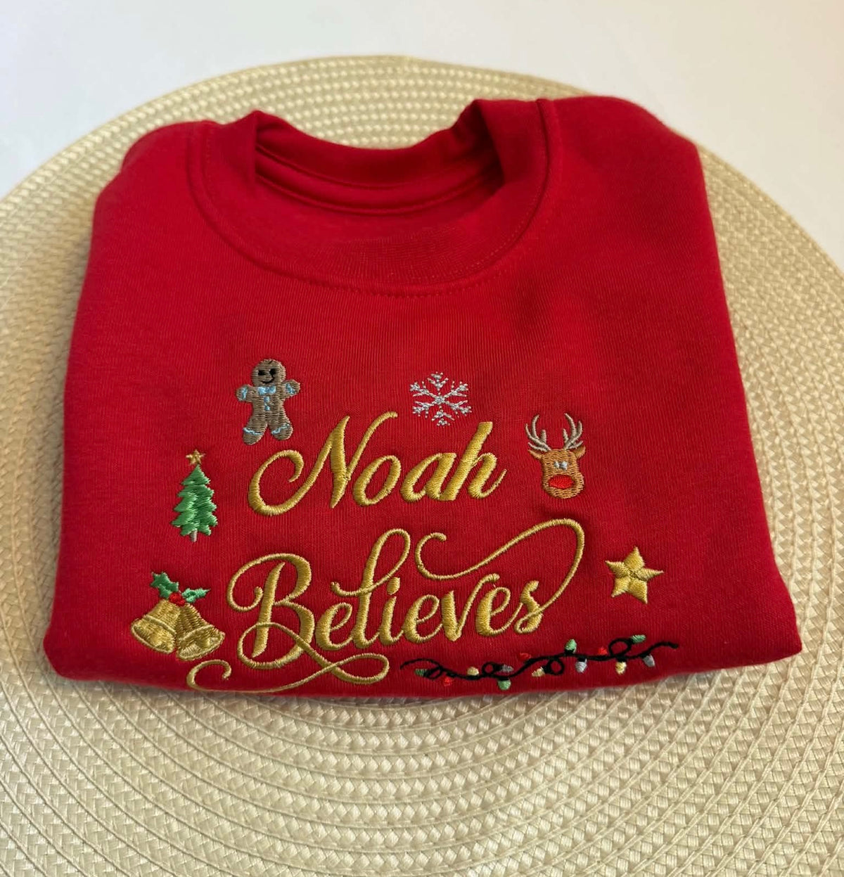 Personalised Red Christmas Sweatshirt – Embroidered Name & Believes Design