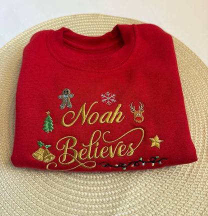 Personalised Red Christmas Sweatshirt – Embroidered Name & Believes Design