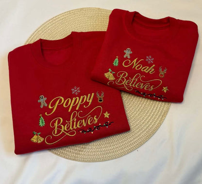 Personalised Red Christmas Sweatshirt – Embroidered Name & Believes Design