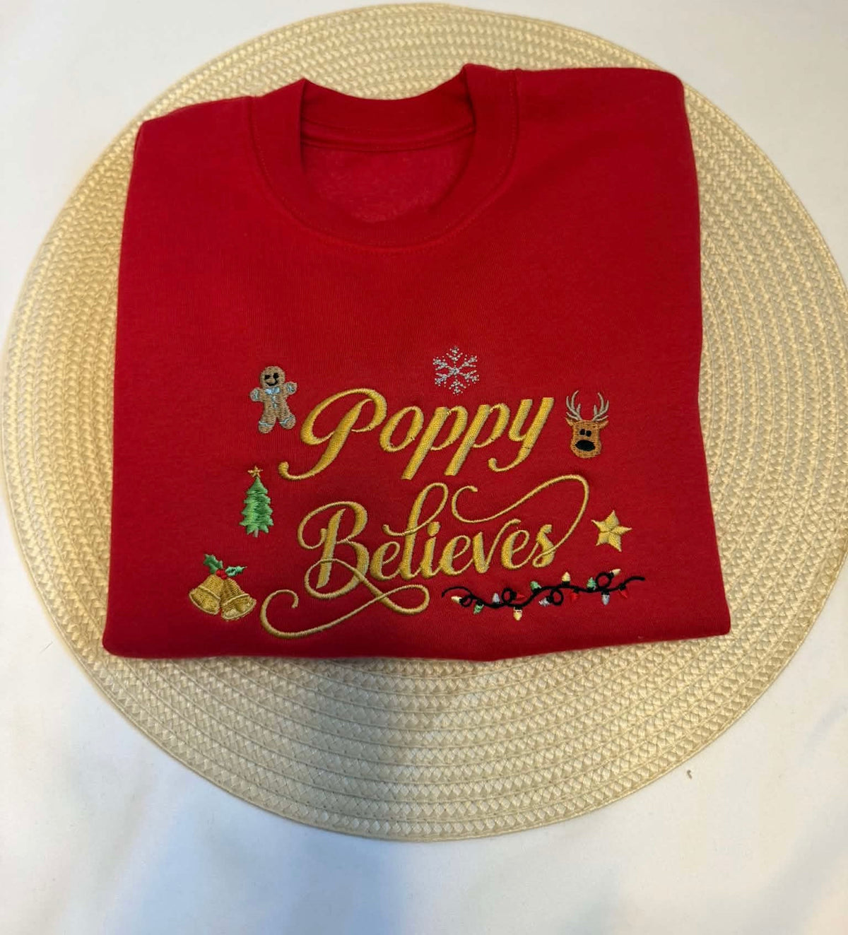 Personalised Red Christmas Sweatshirt – Embroidered Name & Believes Design
