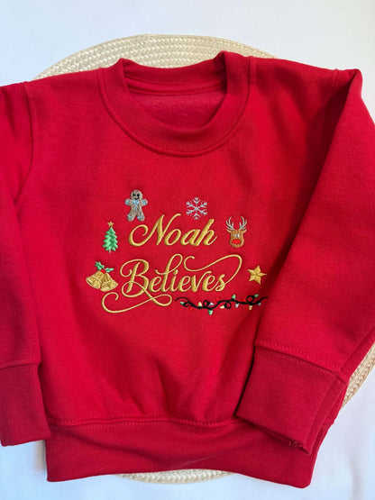 Personalised Red Christmas Sweatshirt – Embroidered Name & Believes Design