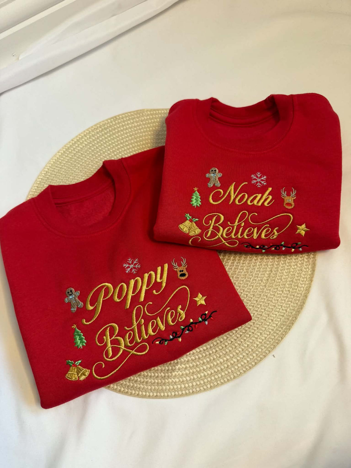 Personalised Red Christmas Sweatshirt – Embroidered Name & Believes Design