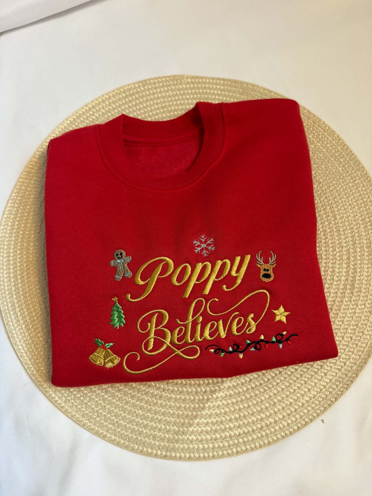 Personalised Red Christmas Sweatshirt – Embroidered Name & Believes Design