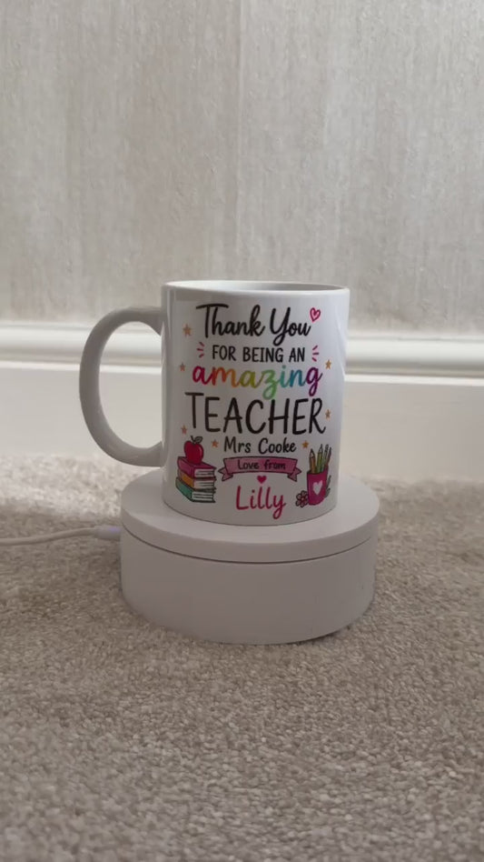 Personalised teacher mug — 11oz ceramic, customised with a name or message.